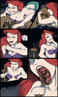 drawing giantess vore mega comic color large_breasts long_hair tongue cleavage mermaid smiling red_hair stomach open_mouth swallowed disney ariel the_little_mermaid dialogue cutaway