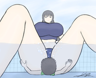 drawing color swimsuit butt_crush huge_breasts underwater mini_giantess sitting amazon pool looking_down drowning looking_at_tiny yamumil