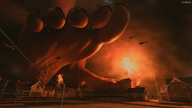 mega destruction barefoot helicopter close_up smoke houses point_of_view neighborhood raised_foot apocalypse digital_render imminent_foot_crush gtsx3d