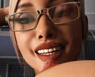 breasts micro nude blonde glasses topless smiling shrunken_man looking_down on_nipple digital_render openhighhat lips_parted