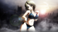 drawing giantess city destruction cleavage brunette unknown_artist smoke ruins bikinis sunlight
