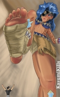 drawing giantess feet color toes barefoot soles blue_hair low_angle raised_foot imminent_crush looking_at_tiny eyepatch kasumikills