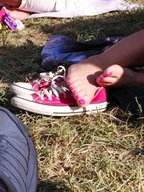 collage toes barefoot soles in_shoe shrunken_man pink_nails sneakers outdoors nail_polish converse