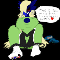 drawing giantess blonde large_breasts long_hair cleavage blood smiling sitting foot_crush blue_skin looking_down pinned under_foot discarded_shoes cleavage_window