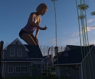 giantess blonde short_hair shorts bending_over houses outdoors top digital_render