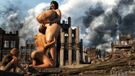 giantess long_hair butt destruction huge_breasts brunette sitting lesbians looking_down open_mouth giantesses oral_sex dark_skin outdoors thick_thighs digital_render dinner-kun