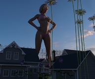 giantess panties blonde cleavage navel standing houses palm_trees runswithferrets top hands_on_hips digital_render barbed_wire