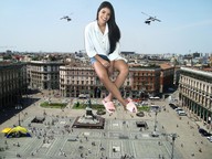 giantess black_hair long_hair helicopter smiling sitting shorts outdoors crowds slippers long_sleeves zebos2003