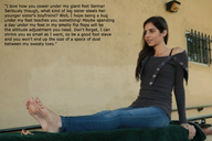 collage long_hair clothed barefoot soles jeans brunette scared story sitting shrunken_woman looking_up incest