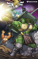 drawing blonde long_hair skirt tank green_hair mini_giantess muscles fighting jumping top ripped_clothing green_skin musclefan