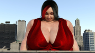 giantess city black_hair cleavage huge_breasts medium_length_hair looking_down outdoors digital_render low_cut