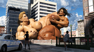 giantess black_hair long_hair butt sex huge_breasts tribadism muscles lesbians giantesses dark_skin outdoors thick_thighs digital_render dinner-kun cupping_breasts