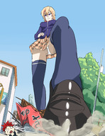 drawing giantess panties upskirt blonde destruction skirt buildings low_angle looking_down smoke shoe_crush