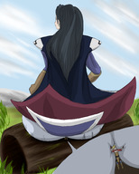 drawing black_hair long_hair butt_crush sitting unaware shrunken_woman between_cheeks outdoors earrings