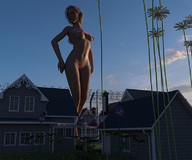 growth giantess city blonde short_hair houses outdoors ripped_clothing digital_render