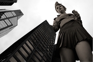 giantess collage monochrome low_angle looking_down skyscraper sky point_of_view tiny-little-lisa military-might army_girl