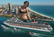 bikini giantess collage city mega long_hair clothed cleavage ocean helicopter brunette ponytail looking_at_viewer wading tugboats coast_guard ocean_liner
