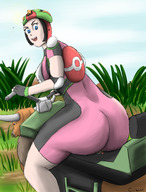drawing pokemon blue_eyes butt_crush gloves sitting pinned riding looking_back skintight_clothing giantwaifus elbow_pads shoulder_pads