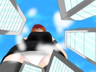 drawing giantess panties color buildings low_angle red_hair looking_down sky point_of_view perspective modestmicro giantess-blaze the-sinner-city