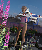 giantess panties blonde short_hair walking vehicles houses outdoors flowers fence digital_render drone