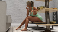 blonde large_breasts barefoot cleavage butt_crush ponytail sitting shrunken_man bench mini_skirt digital_render amgipi