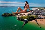 breasts giantess collage mega swimsuit beach water ocean helicopter village sunglasses boats sky tiny-little-lisa