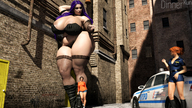 giantess city long_hair cleavage huge_breasts stockings police short_hair outdoors alley digital_render dinner-kun