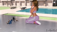 red_hair ponytail shrunken_men pool running pants tattoo sports_bra digital_render afraid kbeeling emomadkid non_nhude