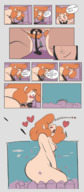 drawing growth giantess nude blushing comic aroused color long_hair sex outgrowing_building red_hair bondage heart panels