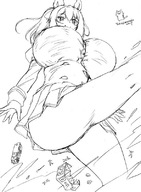 drawing giantess city monochrome destruction clothed huge_breasts torajimaneko outdoors thick_thighs