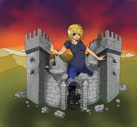 drawing giantess blushing blonde color destruction jeans red_eyes castle boots medium_length_hair sunset shirt