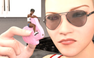 handheld red_hair shorts shrunken_woman sunglasses sneakers dark_skin top boomgts digital_render squinting