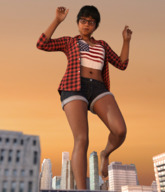 giantess city clothed barefoot glasses short_hair walking looking_down dark_skin outdoors sunset boomgts digital_render arms_raised