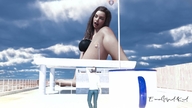 bikini giantess long_hair brunette sitting open_mouth outdoors closed_eyes digital_render