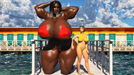 bikini black_hair long_hair huge_breasts mini_giantess kneeling muscles dark_skin outdoors thick_thighs digital_render