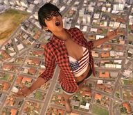 giantess black_hair clothed cleavage short_hair shorts open_mouth dark_skin looking_up outdoors boomgts digital_render low_cut