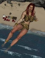 breasts giantess long_hair barefoot ocean giganta red_hair lying_down outdoors ankle_bracelet bracelet leopard_print skimpy_clothing digital_render