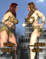 breasts giantess city mega large_breasts long_hair brunette giganta red_hair muscles giantesses outdoors bracelet leopard_print skimpy_clothing digital_render