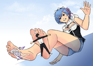 breasts drawing giantess crush color blue_hair smiling foot_crush legs shorts looking_down trampling no_background looking_at_tiny rem rezero consaliz