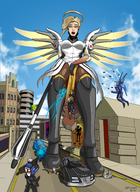 drawing giantess wings city blonde color long_hair clothed fighting vehicles outdoors halo overwatch pharah mercy_(overwatch)