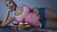 blonde black_hair large_breasts long_hair barefoot lying_down shorts shrunken_woman laughing dark_skin top digital_render banana_split