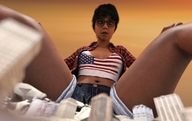 growth giantess city mega destruction glasses low_angle sitting surprised shorts looking_down dark_skin outdoors top legs_spread boomgts digital_render