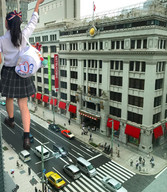 giantess collage city long_hair skirt brunette asian ponytail walking outdoors airraid