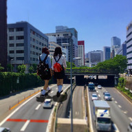 giantess collage city black_hair long_hair skirt asian uniform walking giantesses vehicles outdoors backpack airraid