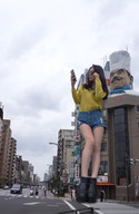giantess collage city black_hair long_hair asian phone shorts sunglasses leaning outdoors crowds airraid