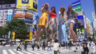 giantess collage city long_hair skirt brunette asian dress sandals shorts sunglasses giantesses outdoors sun_hat crowds airraid