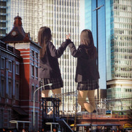 giantess collage city long_hair skirt asian legs giantesses shirt holding_hands schoolgirl_outfit airraid
