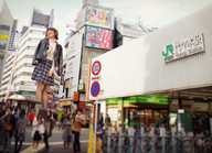 giantess collage city skirt brunette asian short_hair outdoors jacket crowds airraid