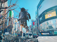 giantess collage city black_hair long_hair skirt asian uniform running giantesses vehicles outdoors airraid
