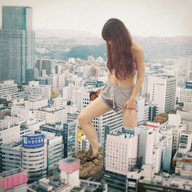 giantess collage city long_hair destruction barefoot brunette asian walking looking_down outdoors airraid